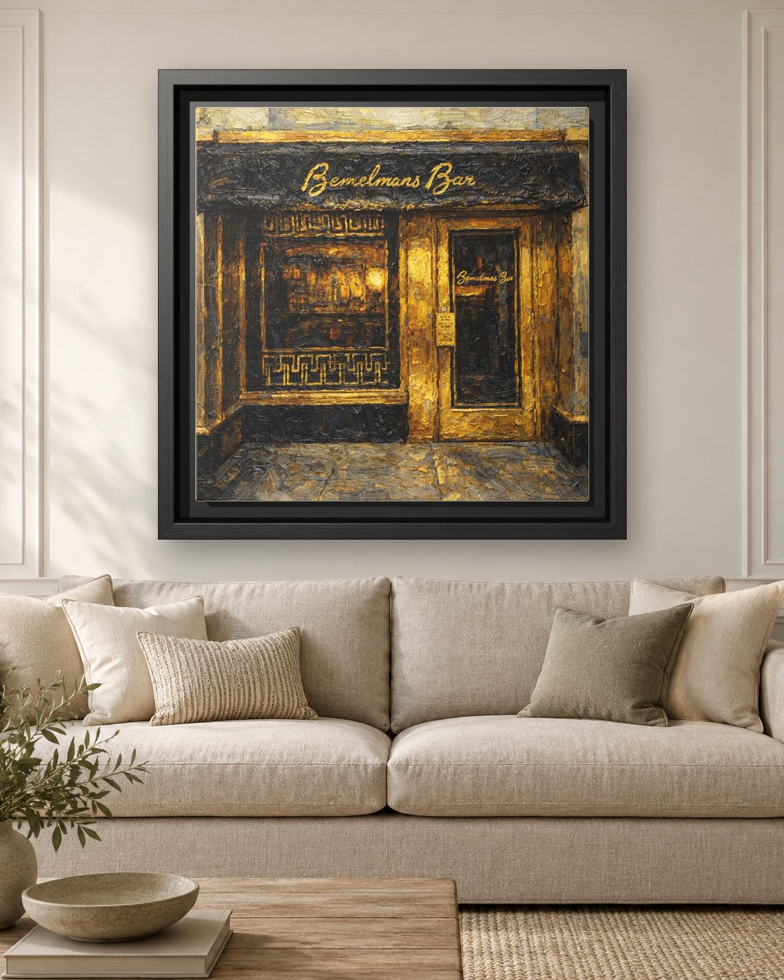 Bemelmans Bar framed canvas print hanging above a sofa