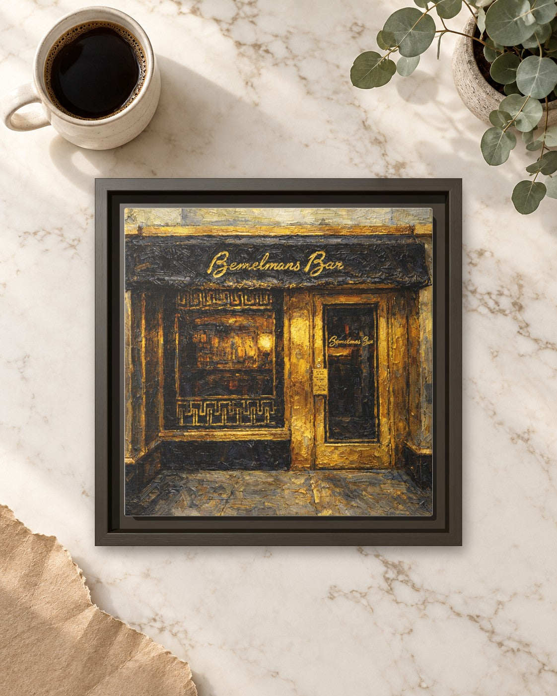 Bemelmans Bar framed canvas print lying on a table