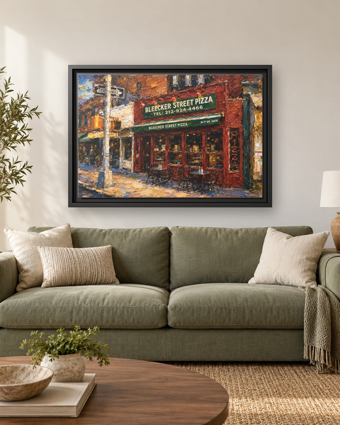 Bleecker Street Pizza framed canvas print hanging above a sofa