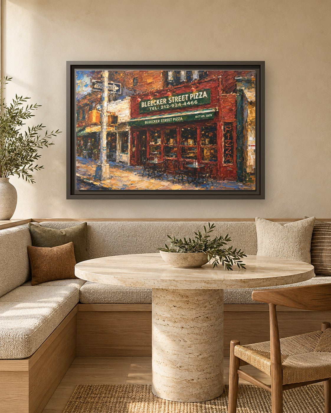 Bleecker Street Pizza framed canvas print in a breakfast nook