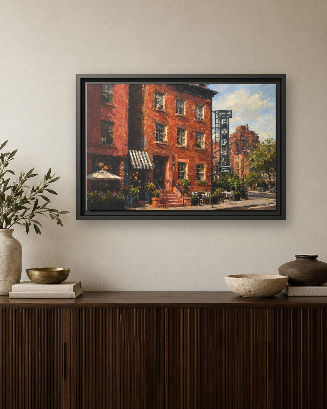 Bobo framed canvas print hanging above a credenza