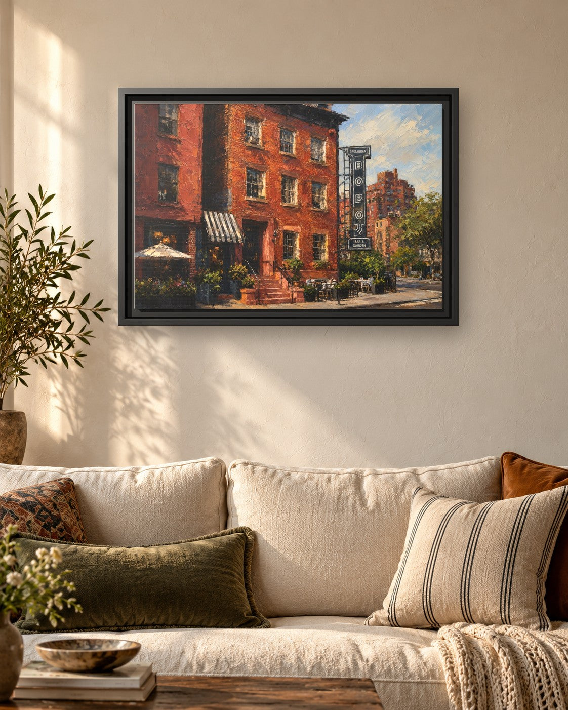 Bobo framed canvas print hanging above a sofa
