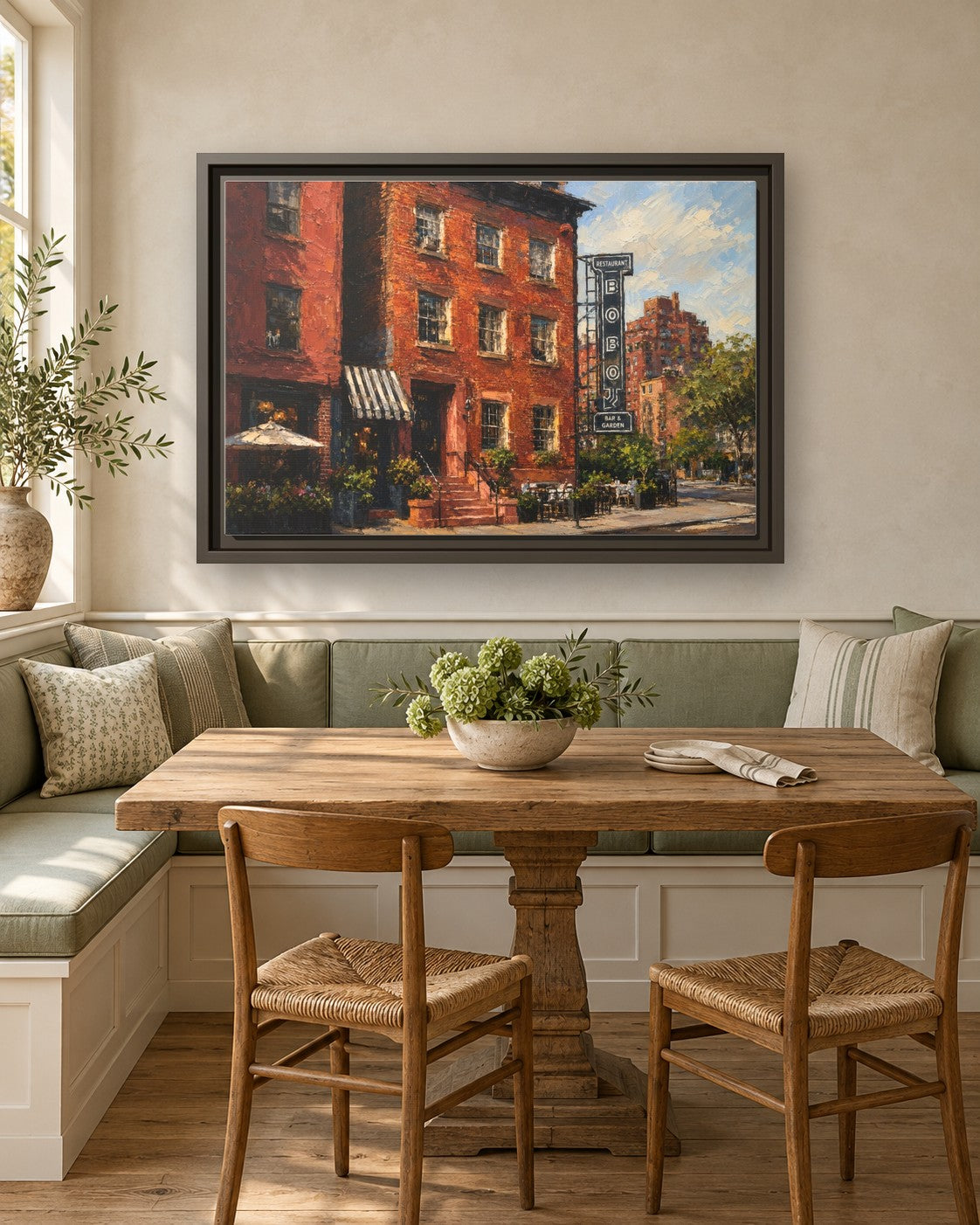 Bobo framed canvas print in a breakfast nook