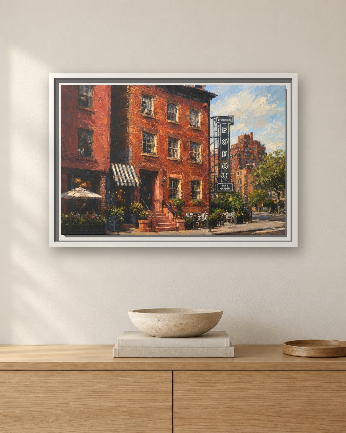 Bobo framed canvas print hanging above a sideboard