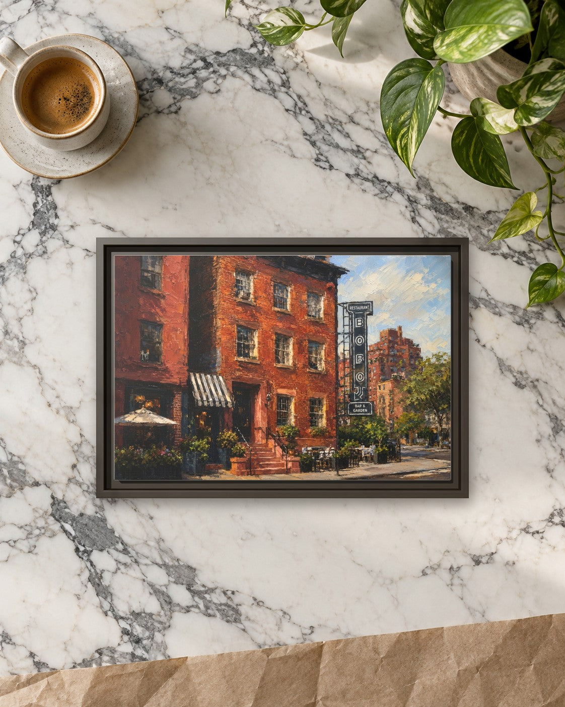 Bobo framed canvas print lying on a table