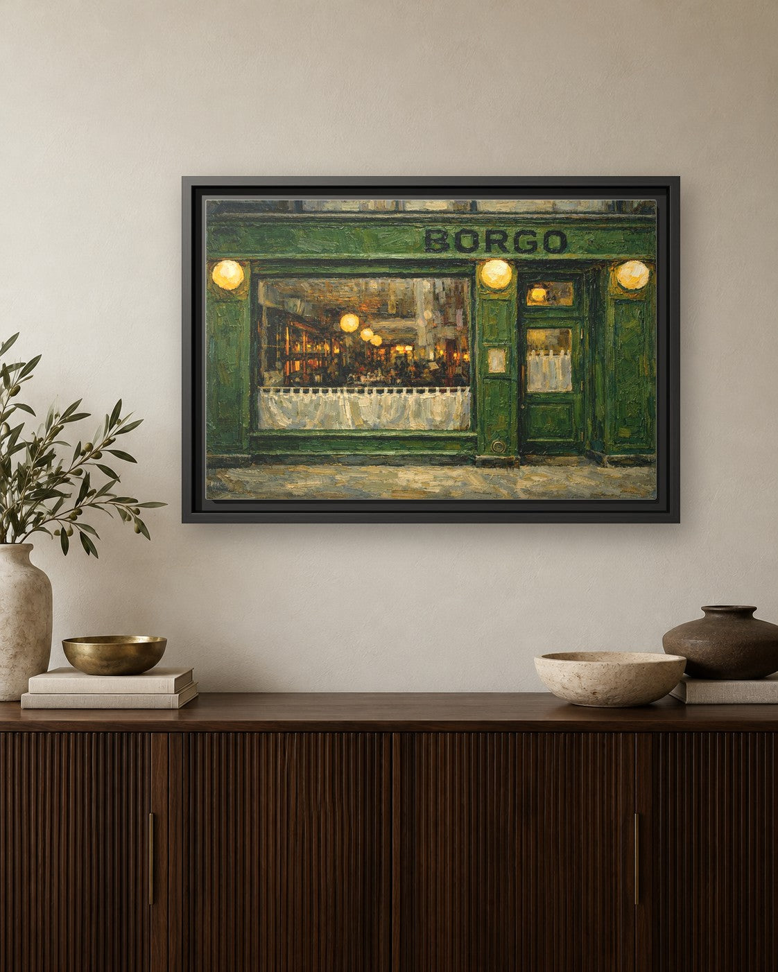 Borgo framed canvas print hanging above a credenza
