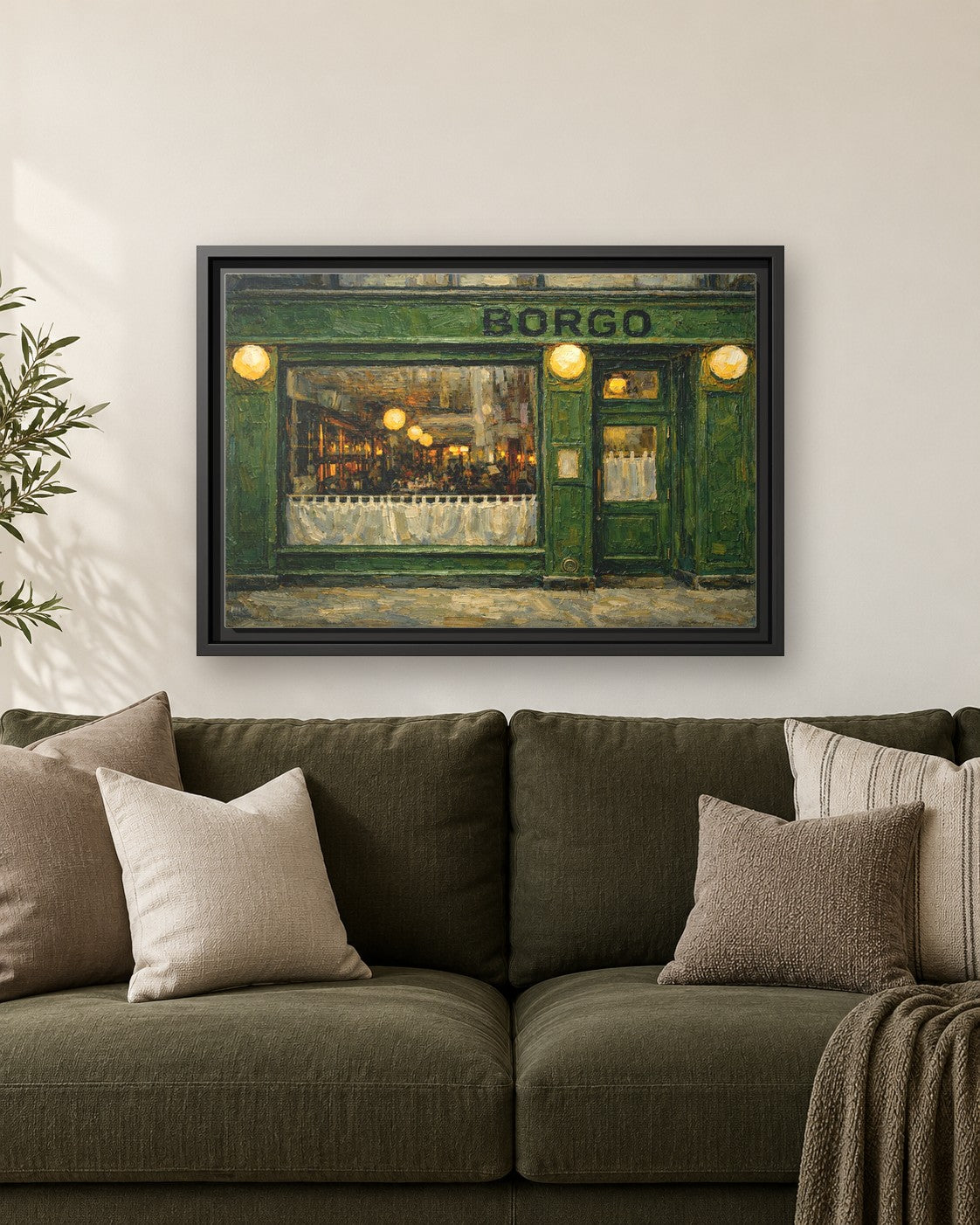 Borgo framed canvas print hanging above a sofa