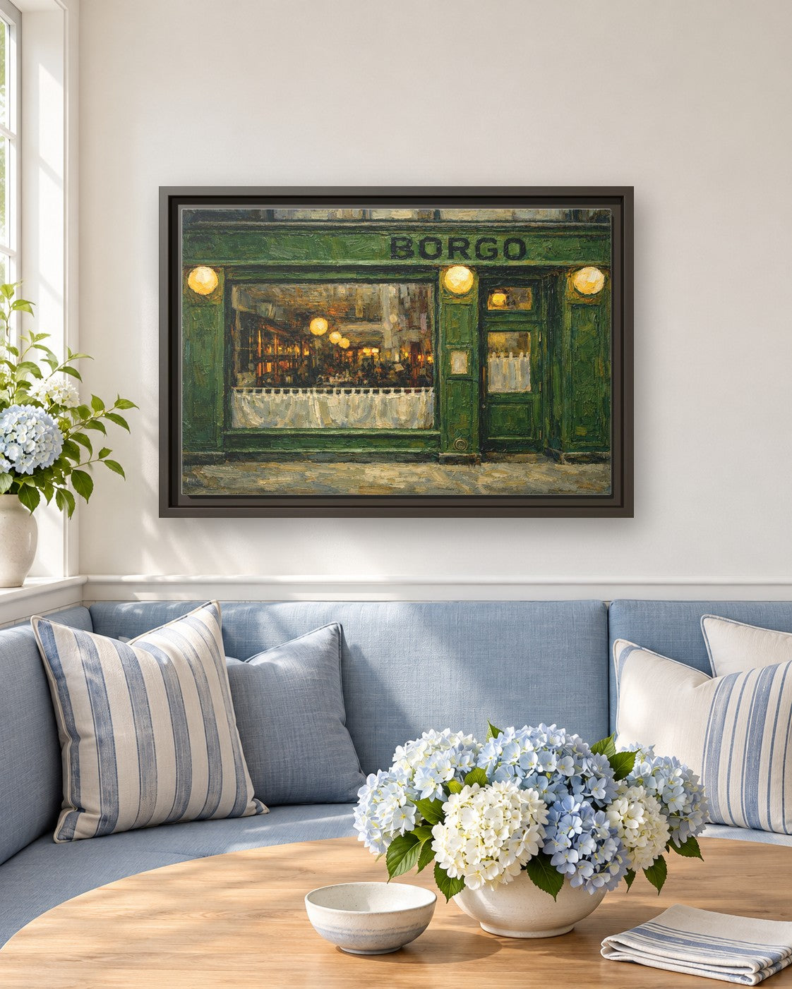 Borgo framed canvas print in a breakfast nook