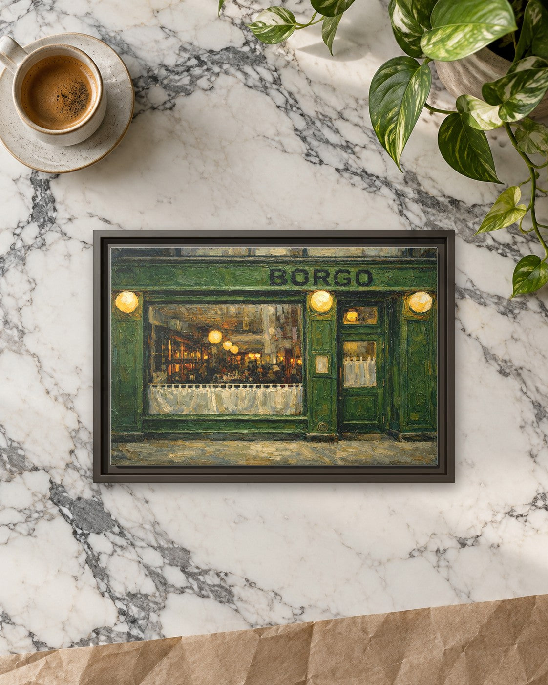 Borgo framed canvas print lying on a table