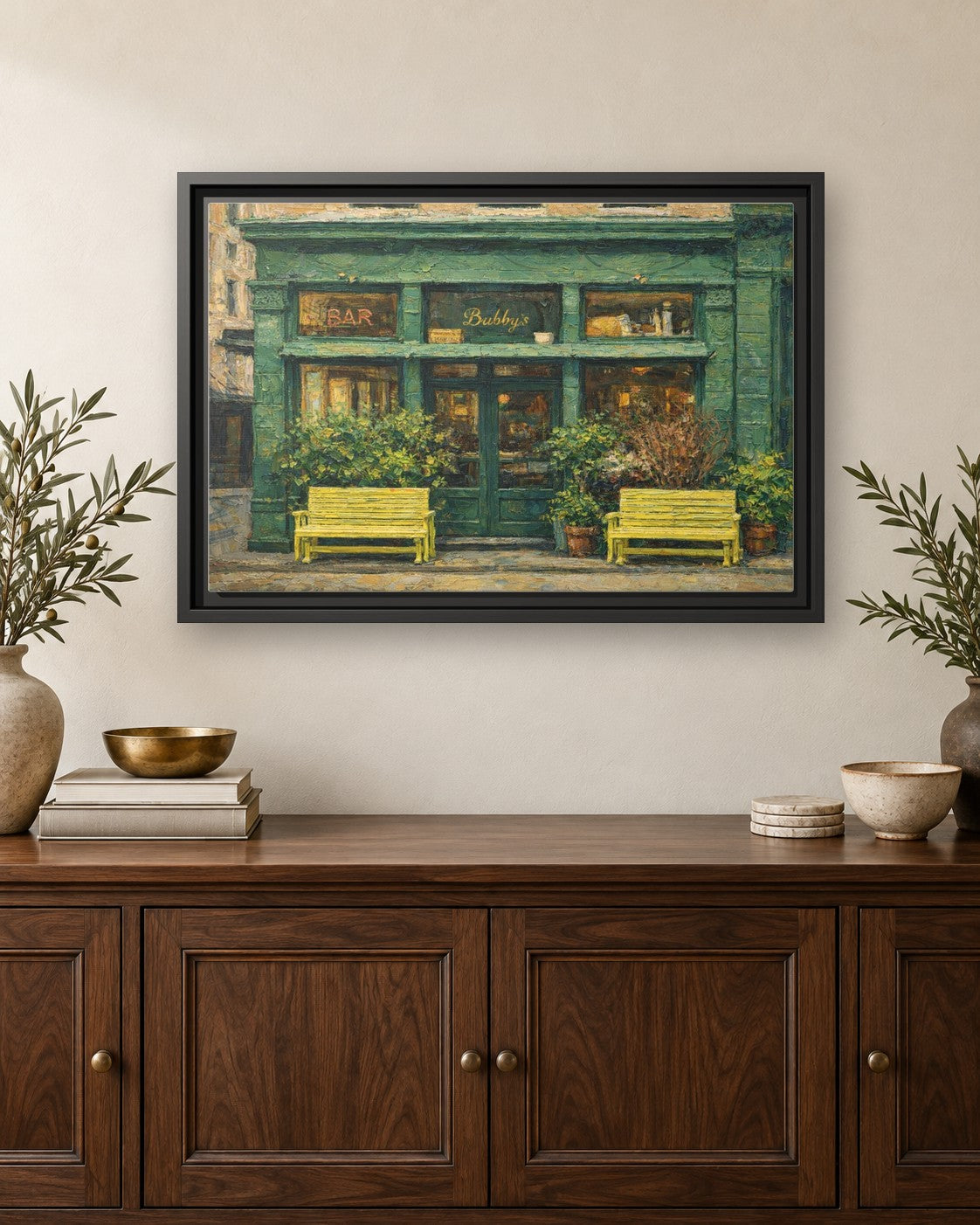Bubby's framed canvas print hanging above a credenza
