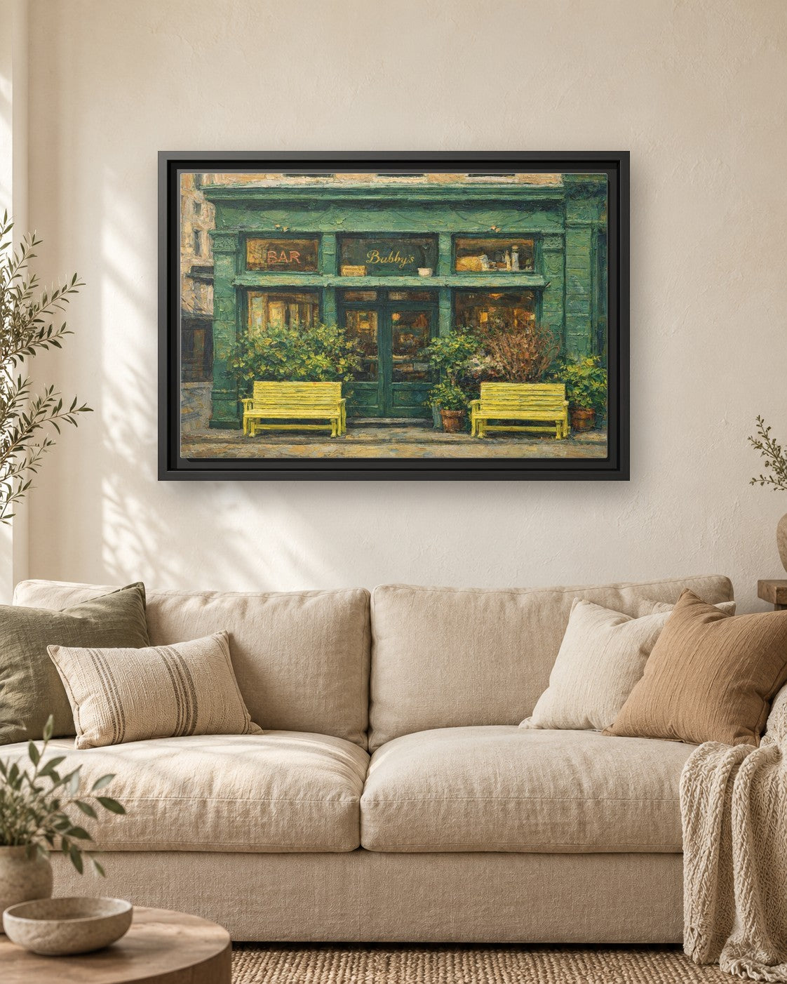 Bubby's framed canvas print hanging above a sofa