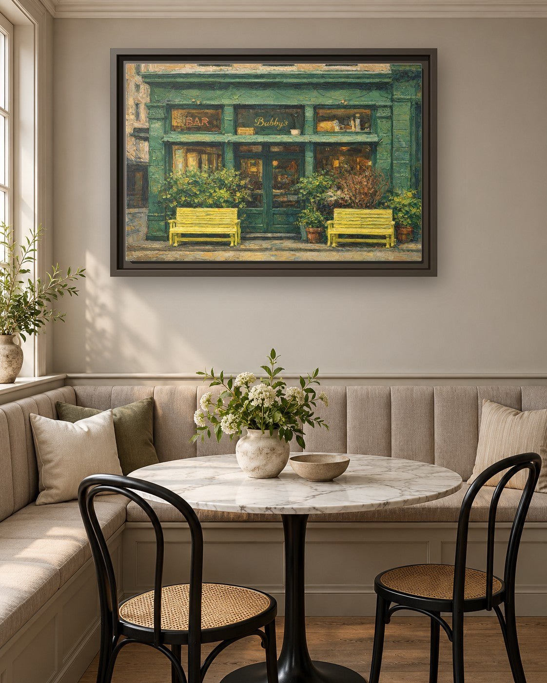 Bubby's framed canvas print in a breakfast nook
