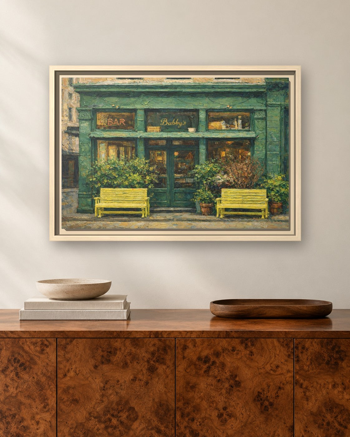 Bubby's framed canvas print hanging above a sideboard