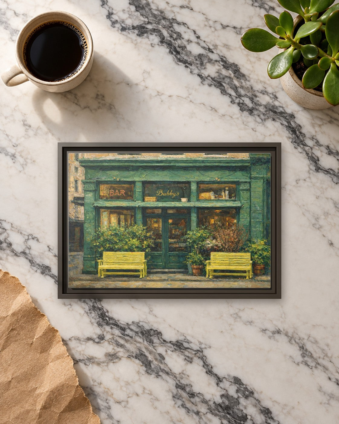 Bubby's framed canvas print lying on a table
