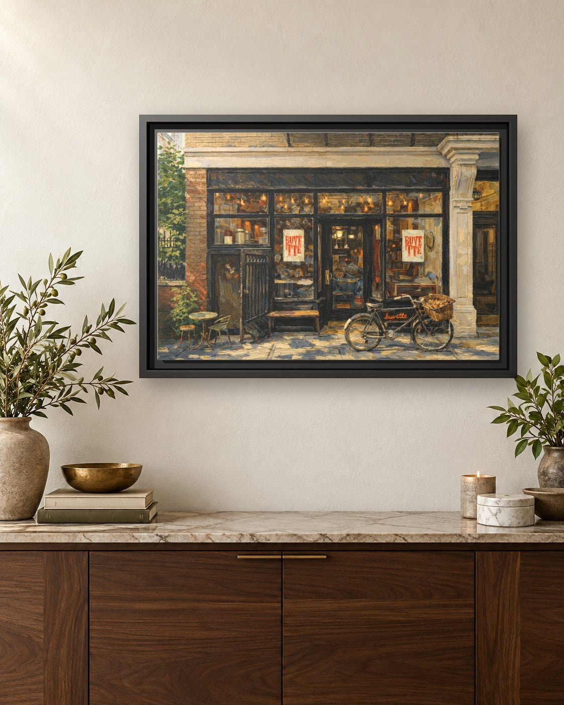 Buvette framed canvas print hanging above a credenza