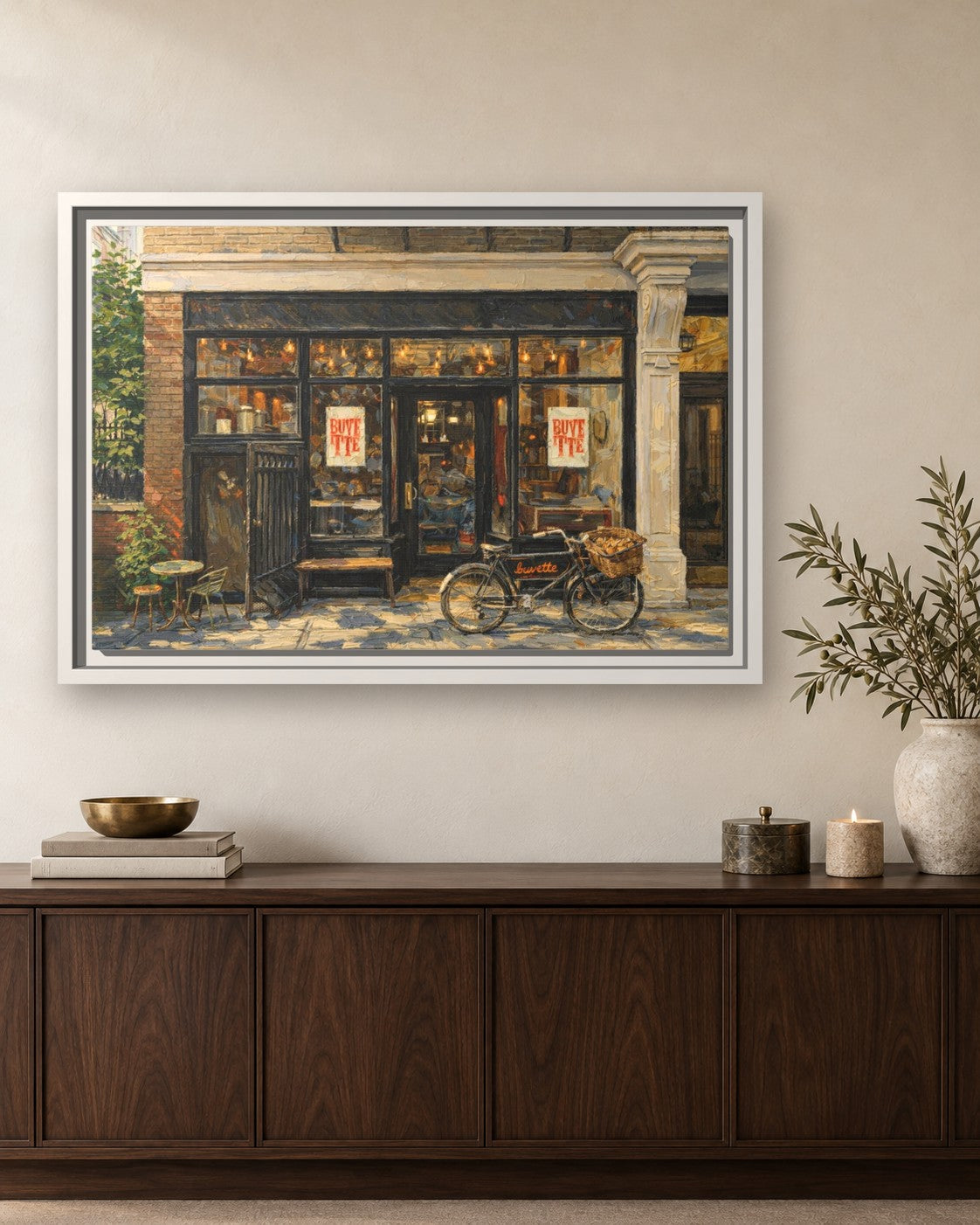 Buvette framed canvas print hanging above a sideboard