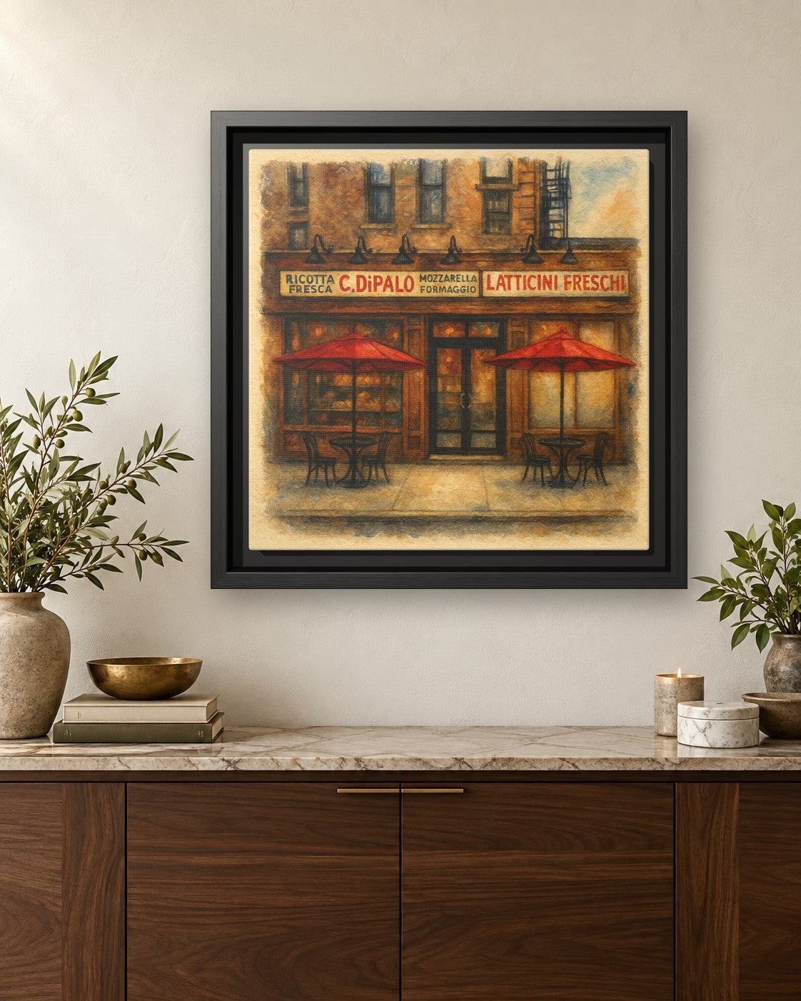 C Di Palo framed canvas print hanging above a credenza