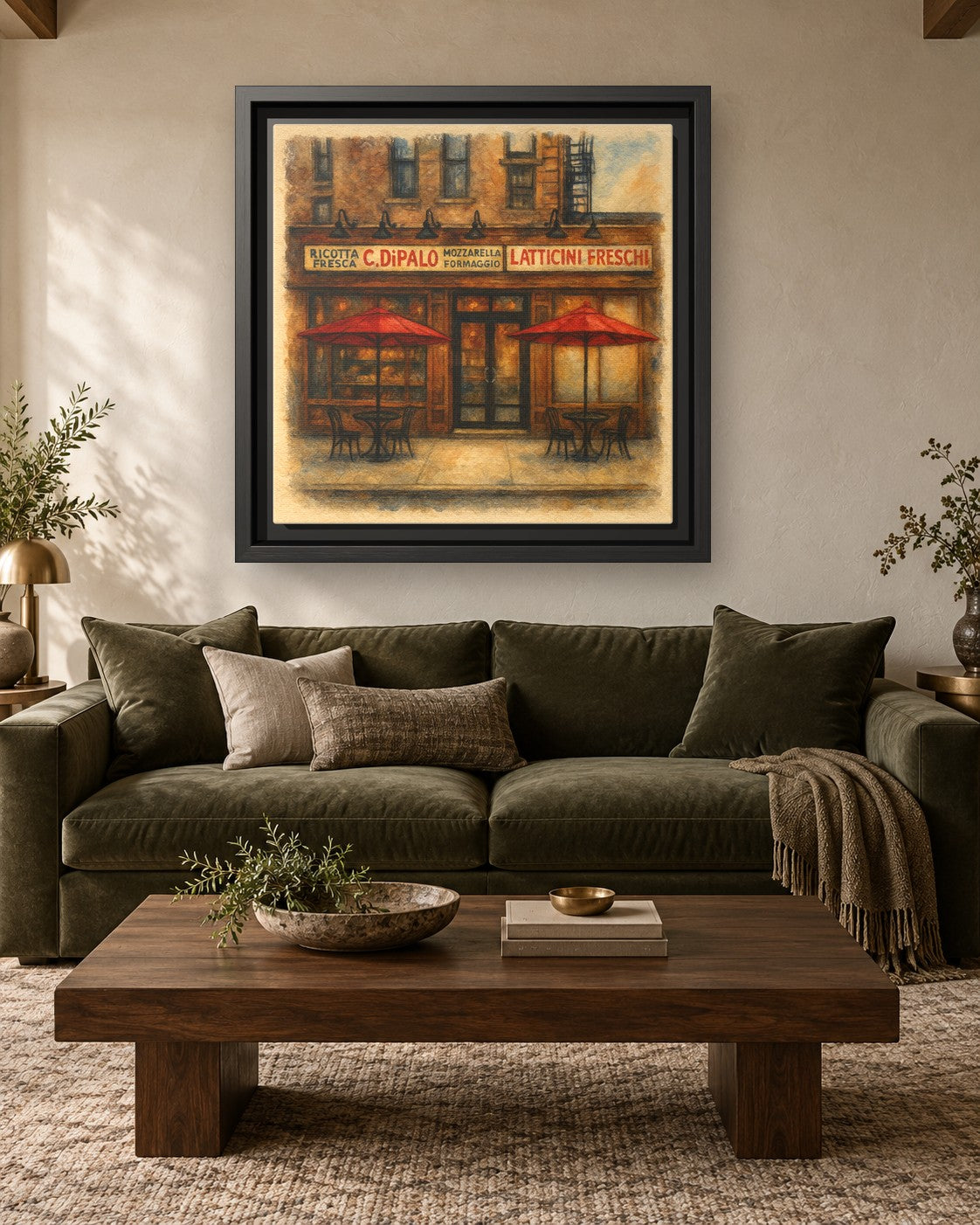 C Di Palo framed canvas print hanging above a sofa