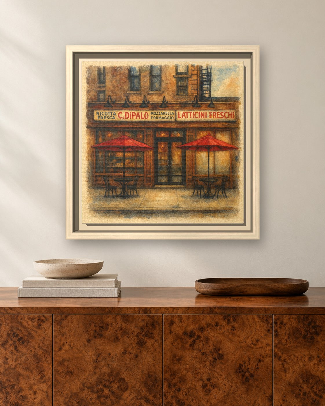 C Di Palo framed canvas print hanging above a sideboard