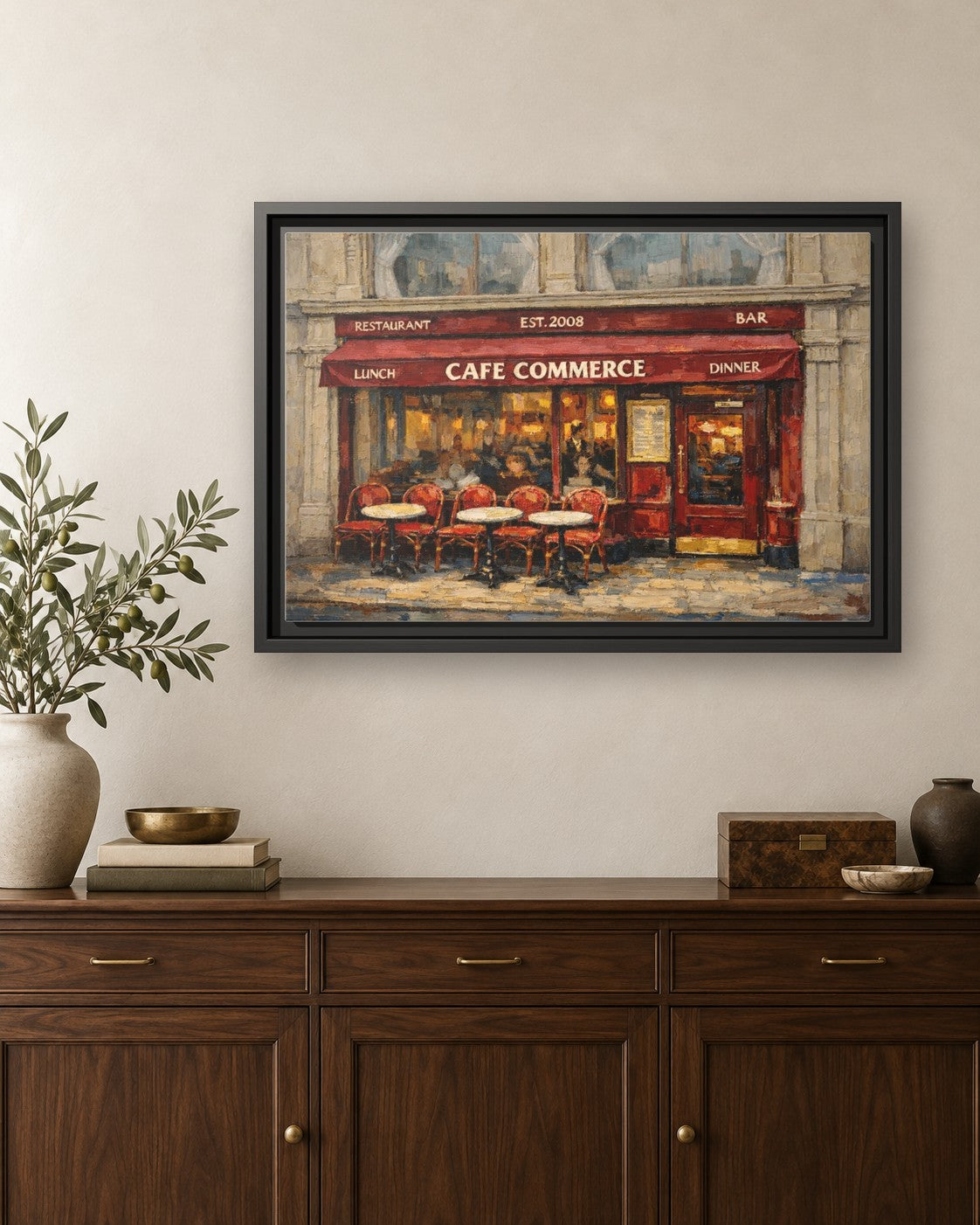 Cafe Commerce framed canvas print hanging above a credenza