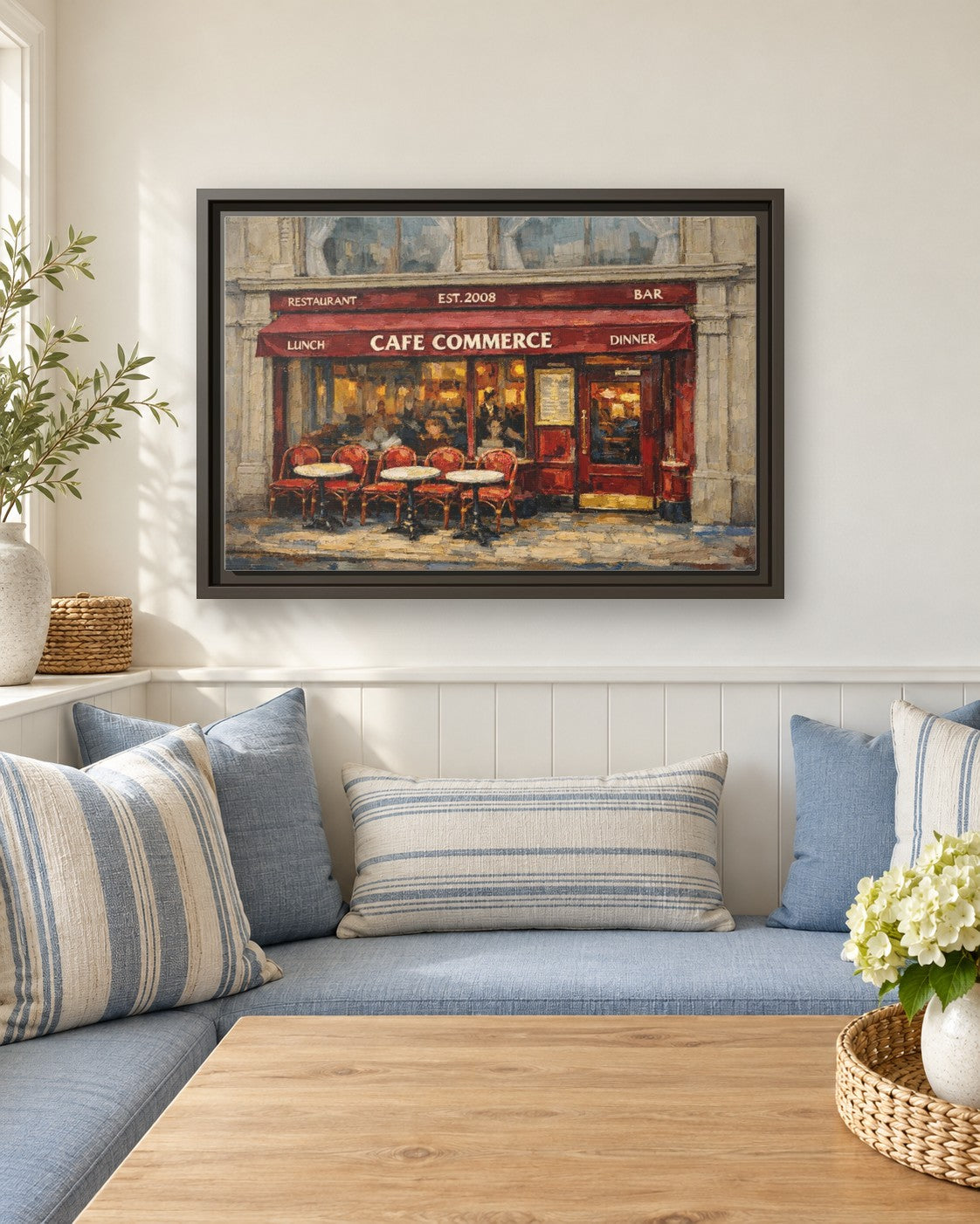 Cafe Commerce framed canvas print in a breakfast nook