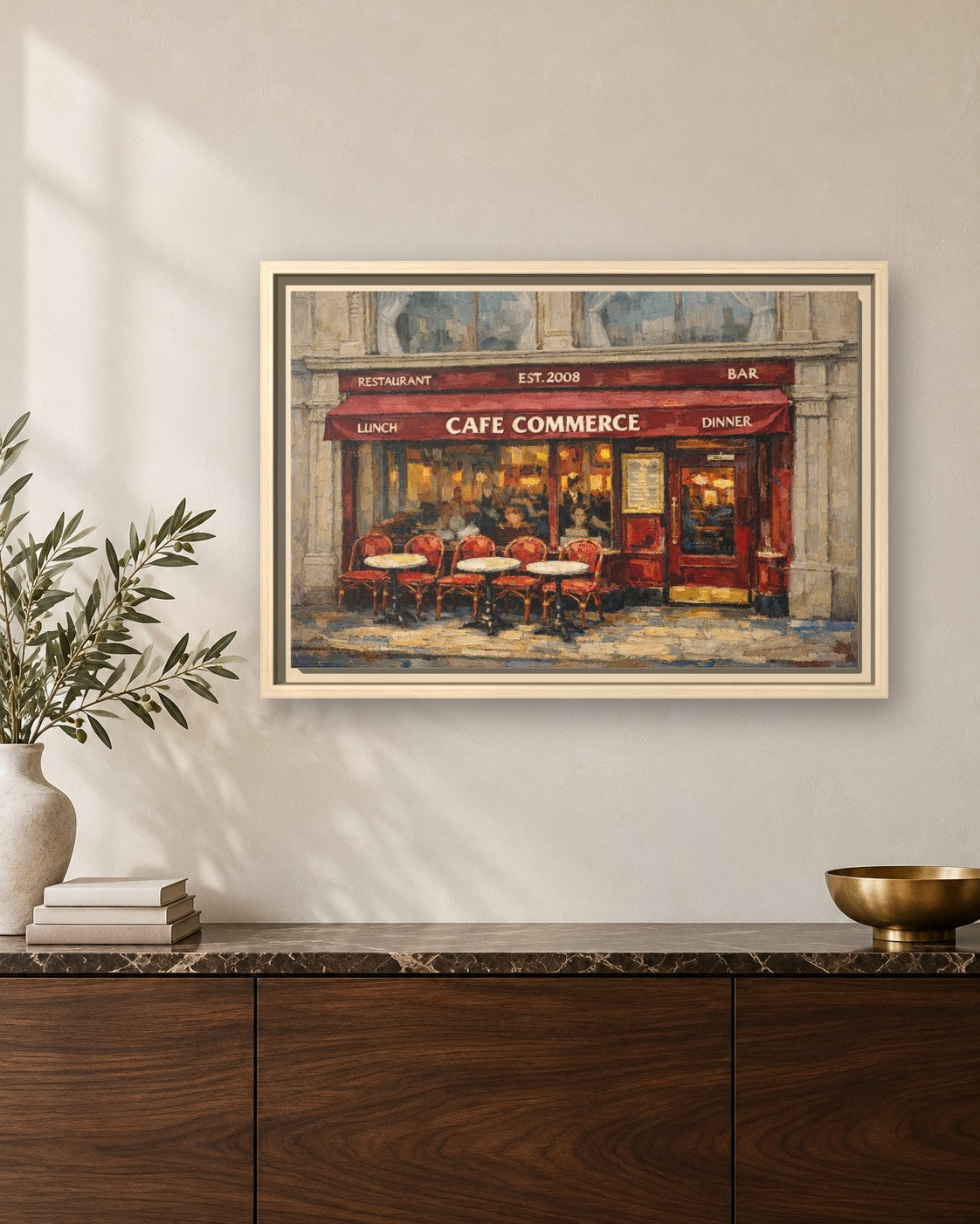 Cafe Commerce framed canvas print hanging above a sideboard