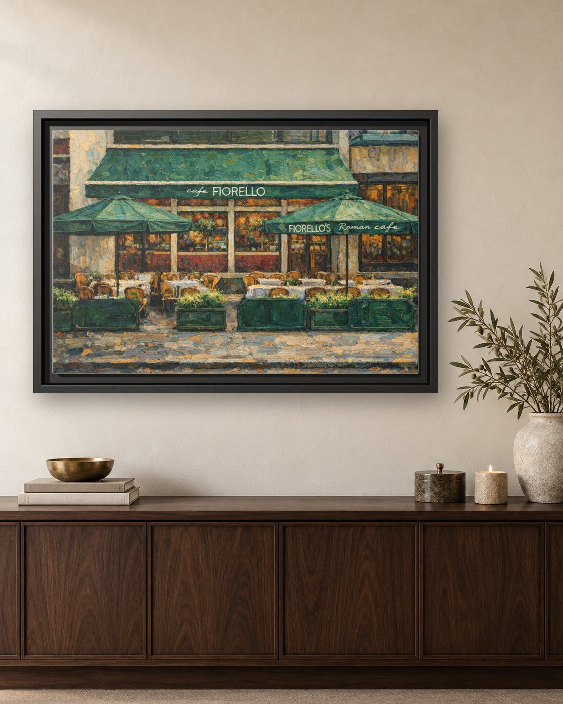 Cafe Fiorello framed canvas print hanging above a credenza