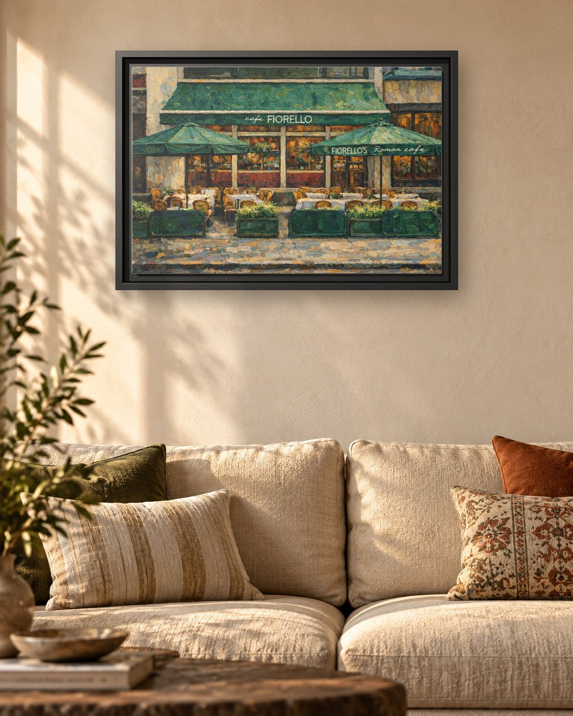 Cafe Fiorello framed canvas print hanging above a sofa