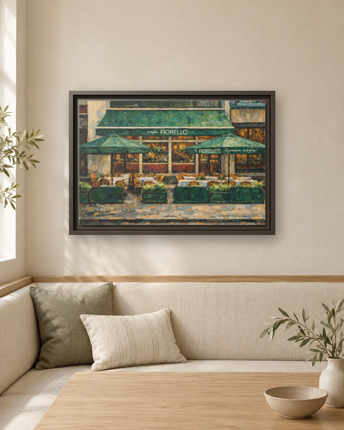 Cafe Fiorello framed canvas print in a breakfast nook