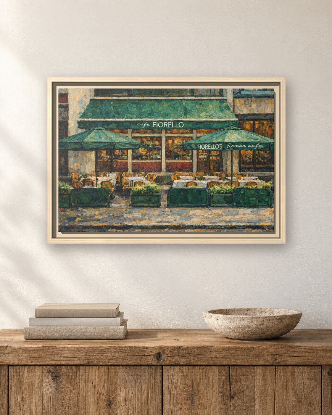 Cafe Fiorello framed canvas print hanging above a sideboard