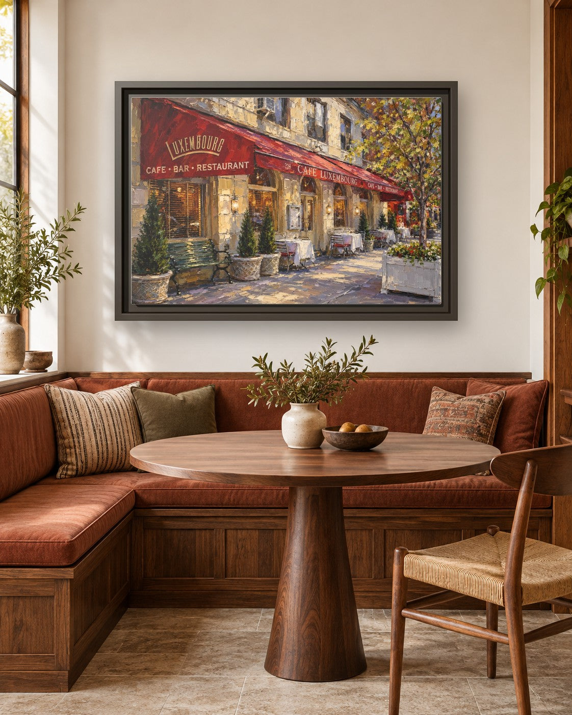Cafe Luxembourg framed canvas print in a breakfast nook