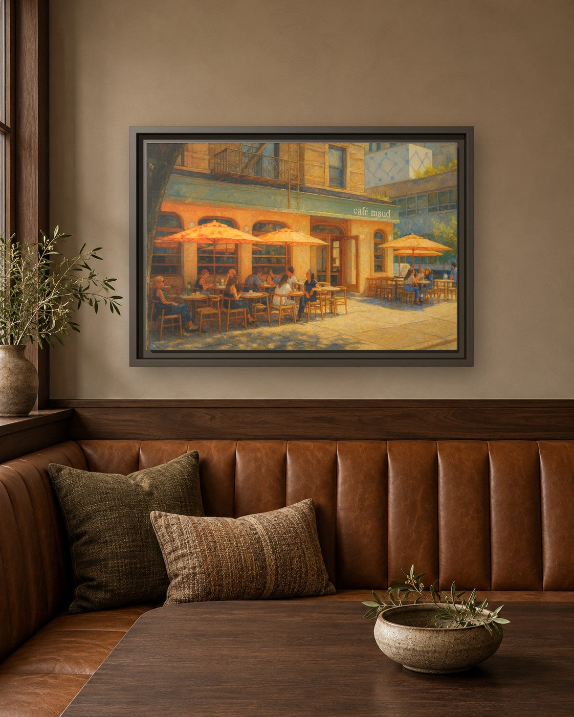 Café Maud framed canvas print in a breakfast nook