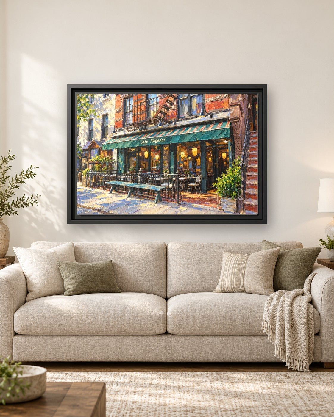 Cafe Mogador framed canvas print hanging above a sofa