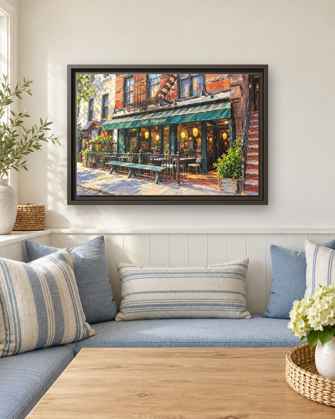 Cafe Mogador framed canvas print in a breakfast nook