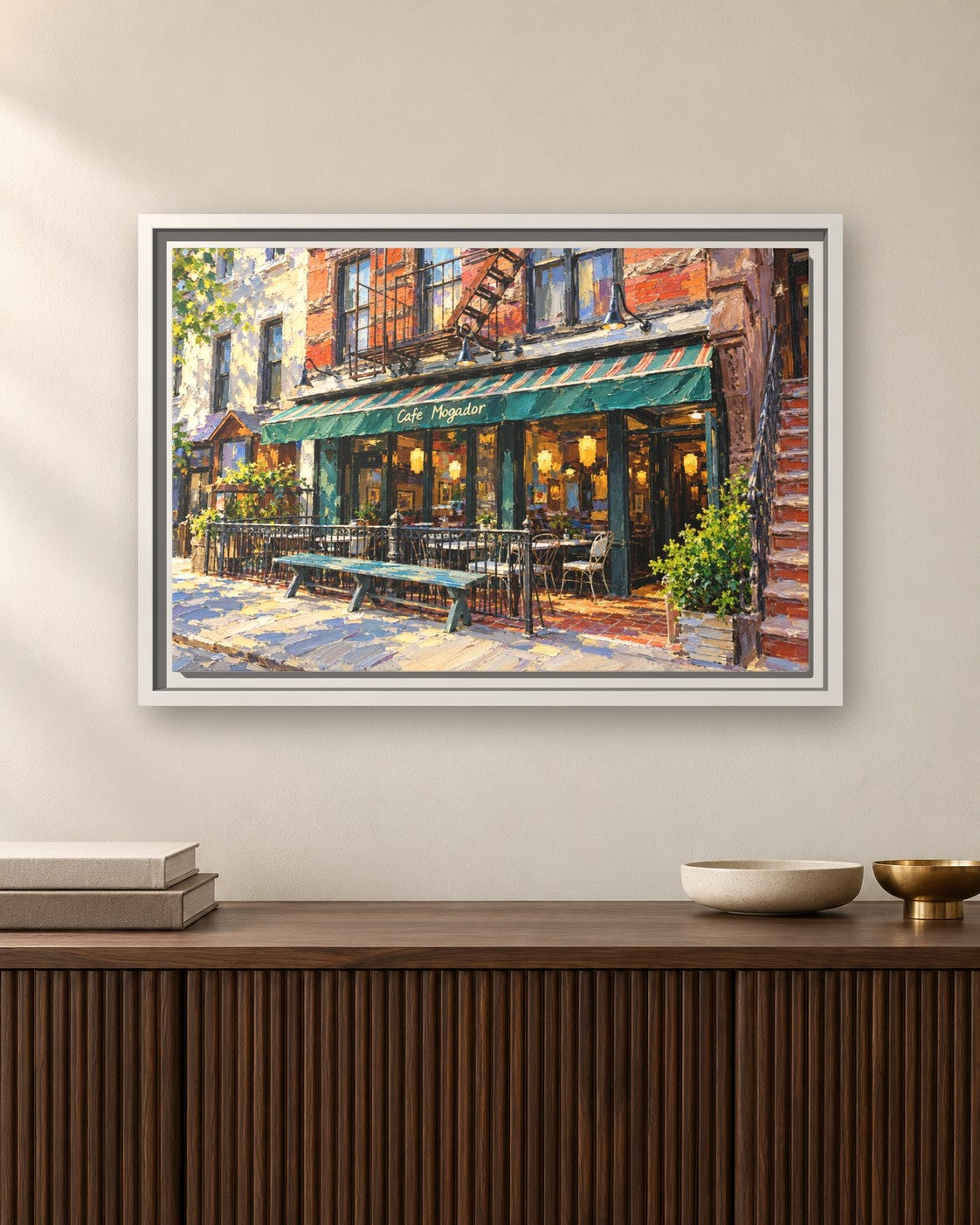 Cafe Mogador framed canvas print hanging above a sideboard