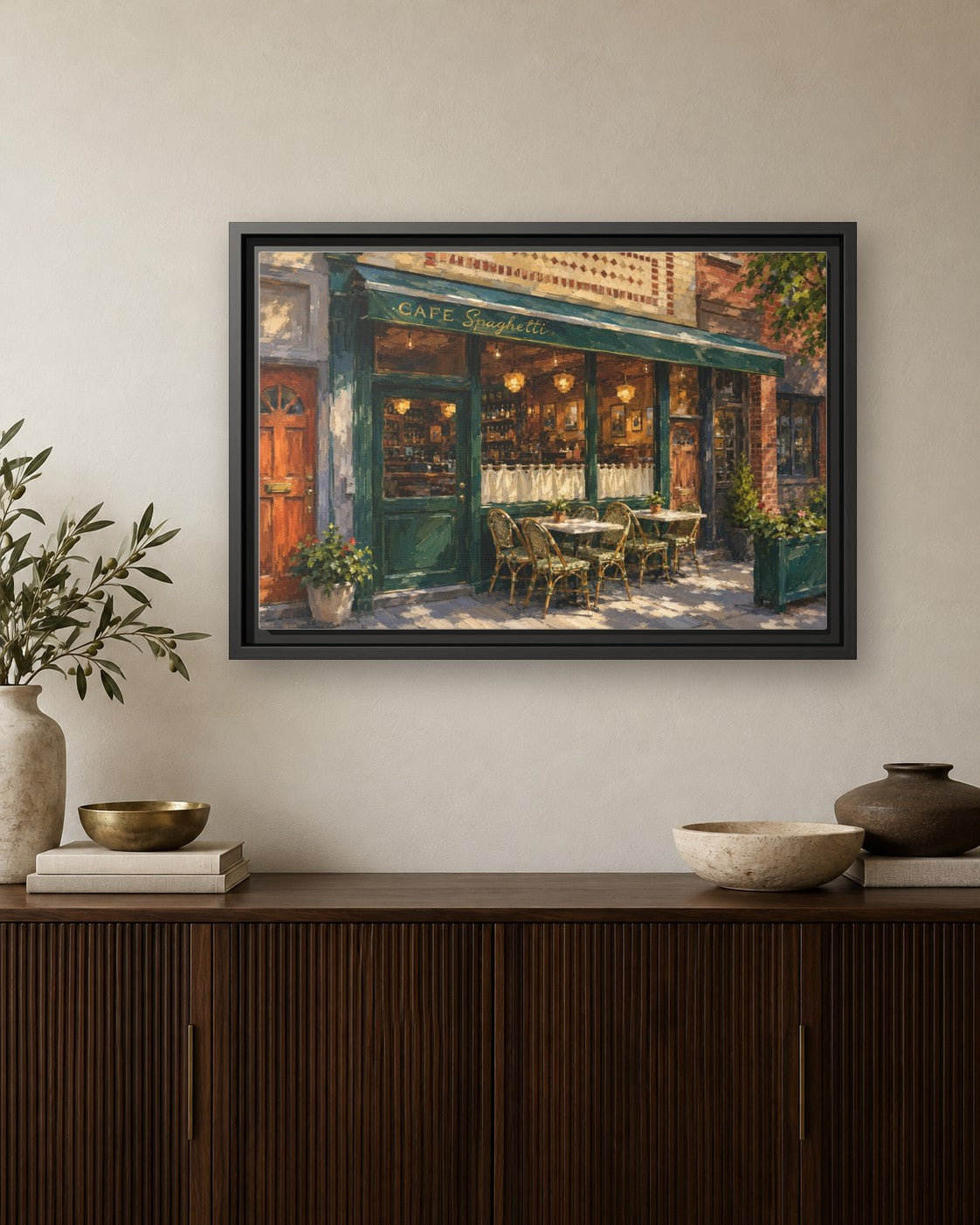 Cafe Spaghetti framed canvas print hanging above a credenza