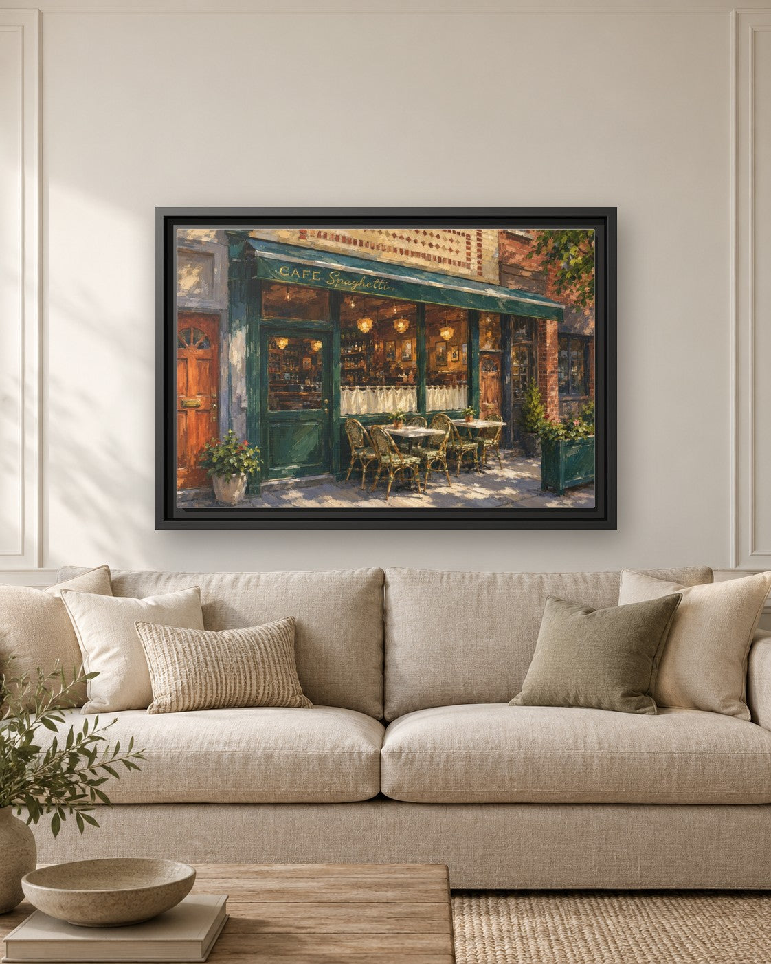 Cafe Spaghetti framed canvas print hanging above a sofa