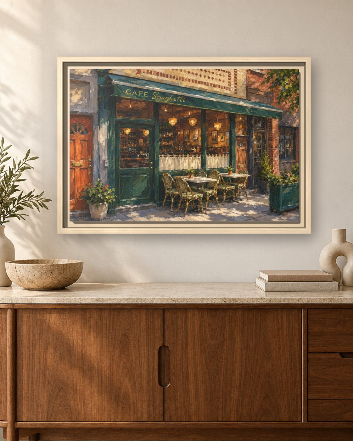 Cafe Spaghetti framed canvas print hanging above a sideboard