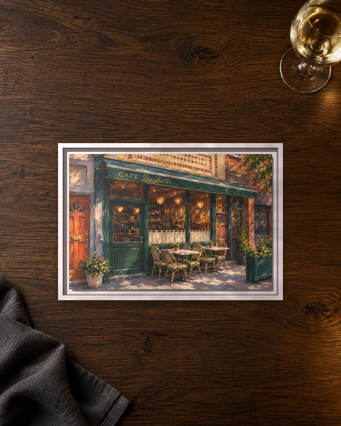 Cafe Spaghetti framed canvas print lying on a table