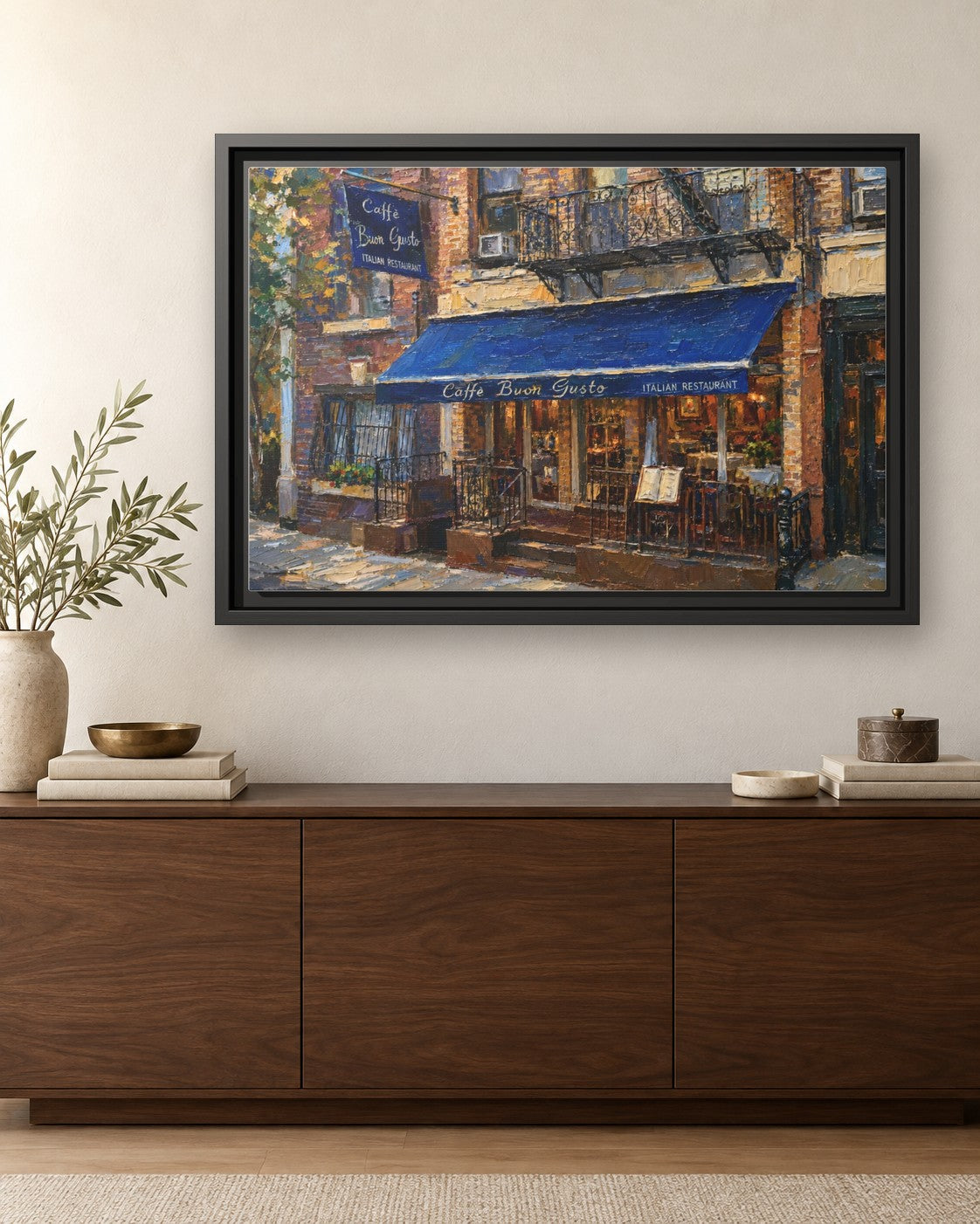 Caffe Buon Gusto framed canvas print hanging above a credenza