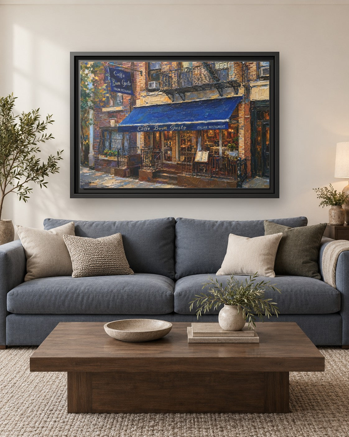 Caffe Buon Gusto framed canvas print hanging above a sofa