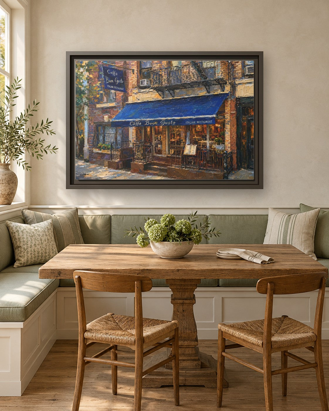 Caffe Buon Gusto framed canvas print in a breakfast nook