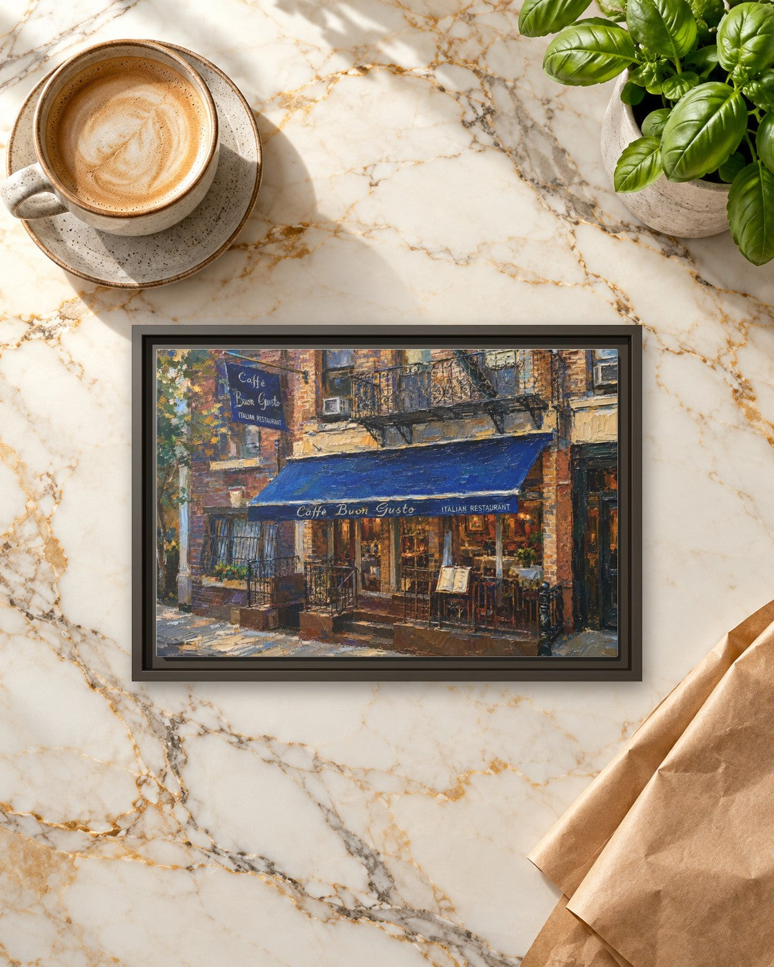 Caffe Buon Gusto framed canvas print lying on a table