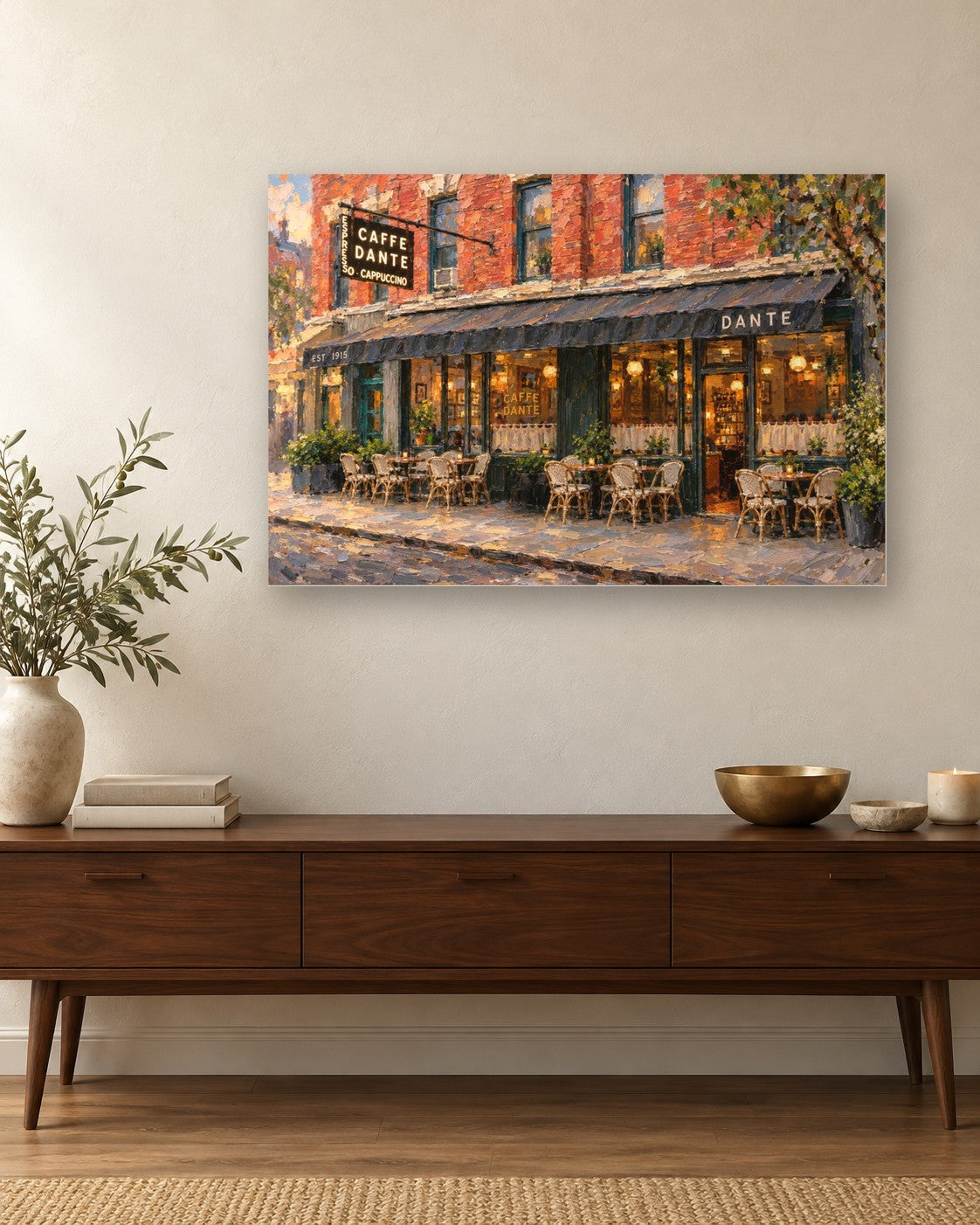 Caffe Dante framed canvas print hanging above a credenza