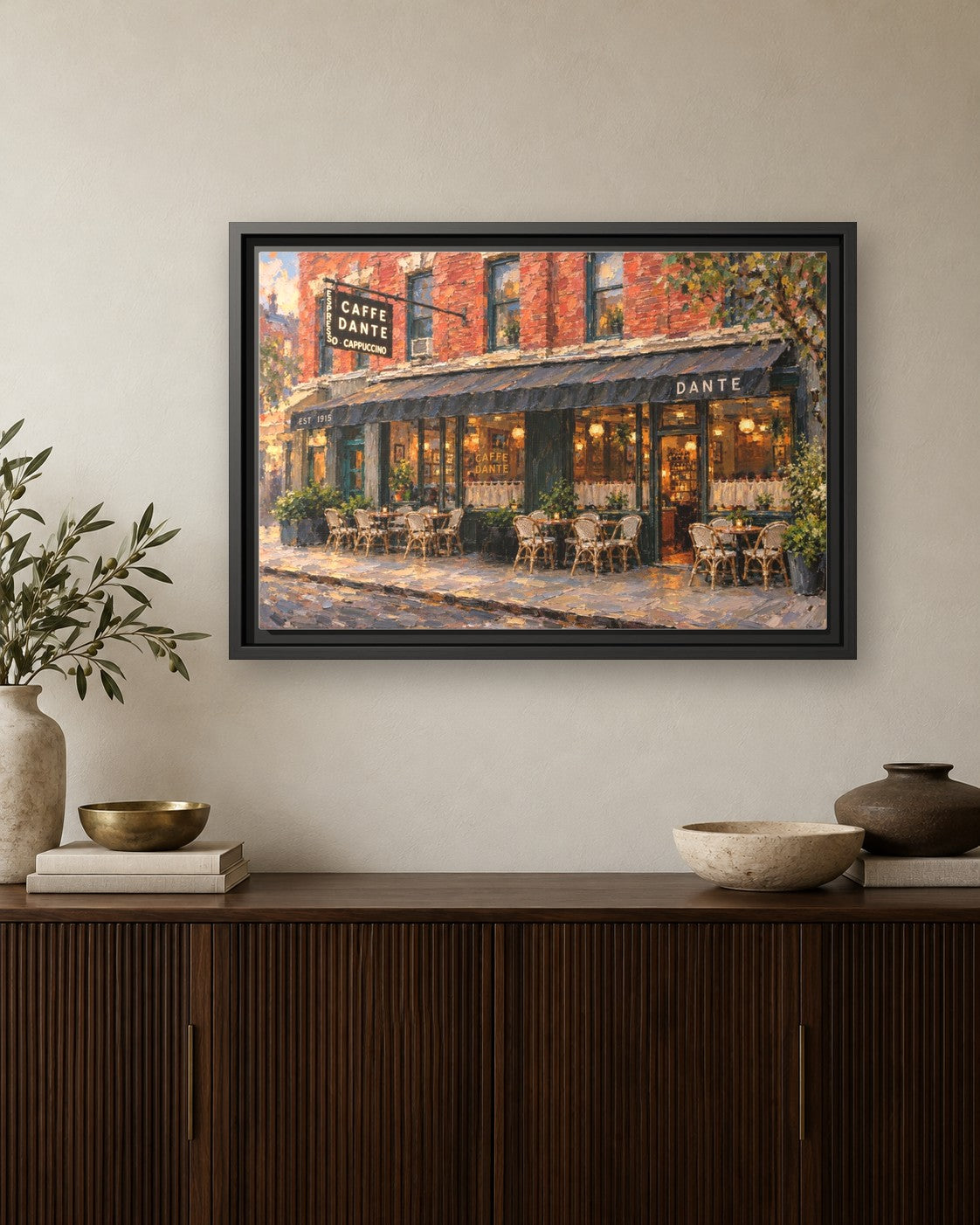 Caffe Dante framed canvas print hanging above a credenza