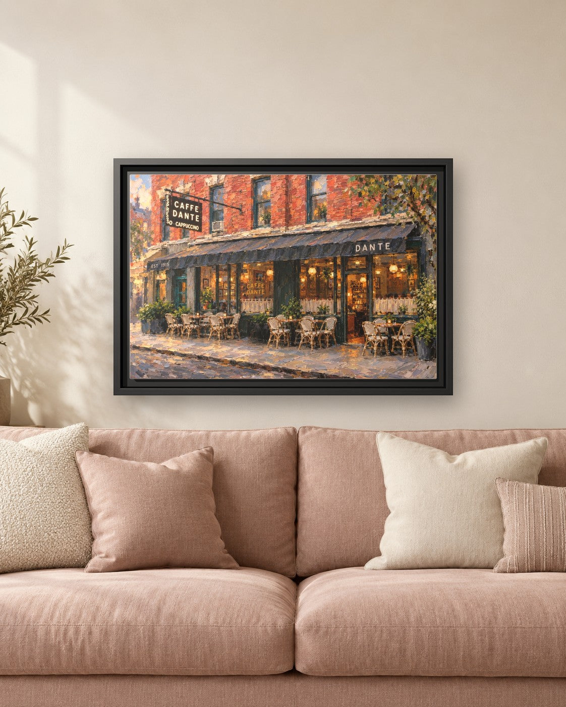 Caffe Dante framed canvas print hanging above a sofa