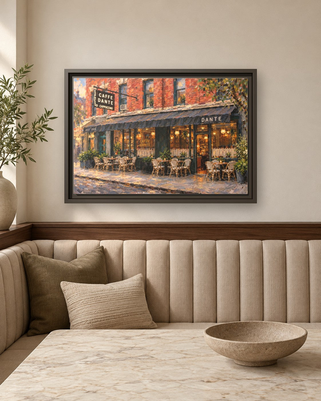 Caffe Dante framed canvas print in a breakfast nook