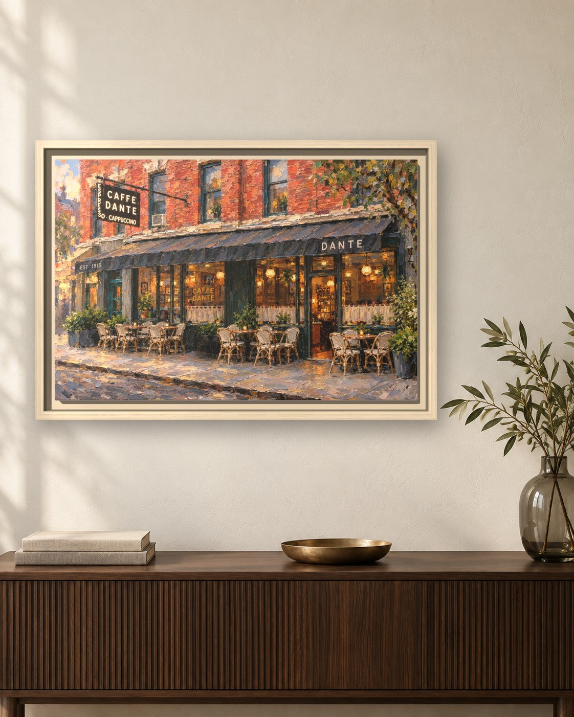 Caffe Dante framed canvas print hanging above a sideboard