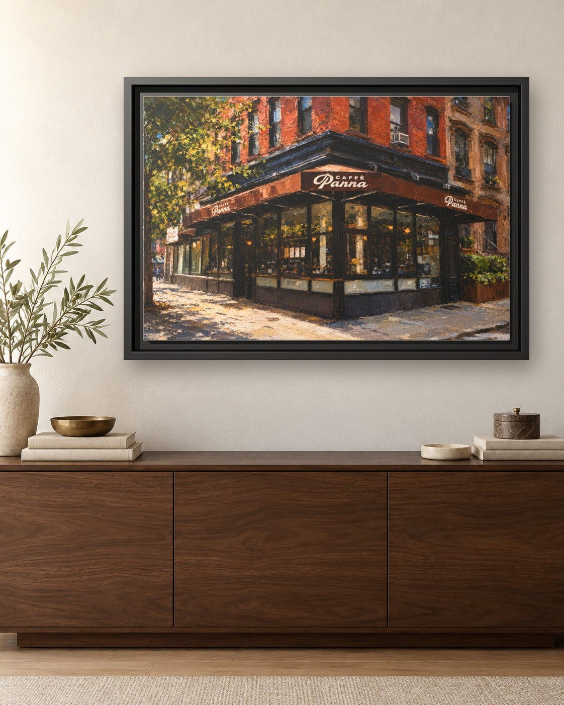 Caffe Panna framed canvas print hanging above a credenza