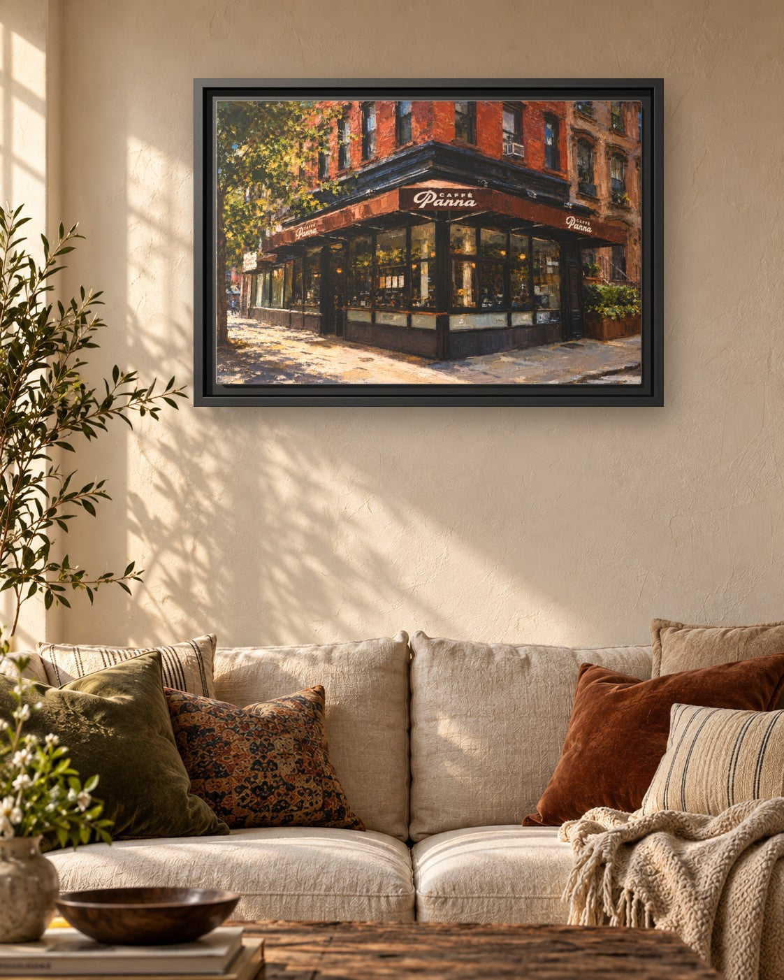 Caffe Panna framed canvas print hanging above a sofa
